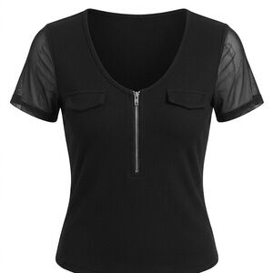 SHEIN Black Short Sleeve Zip Front Top with Sheer Sleeves